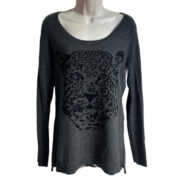 Rock & Republic Scoop Neck High Low Cheetah Long Sleeve Sweater Gray Studded S - Picture 1 of 8